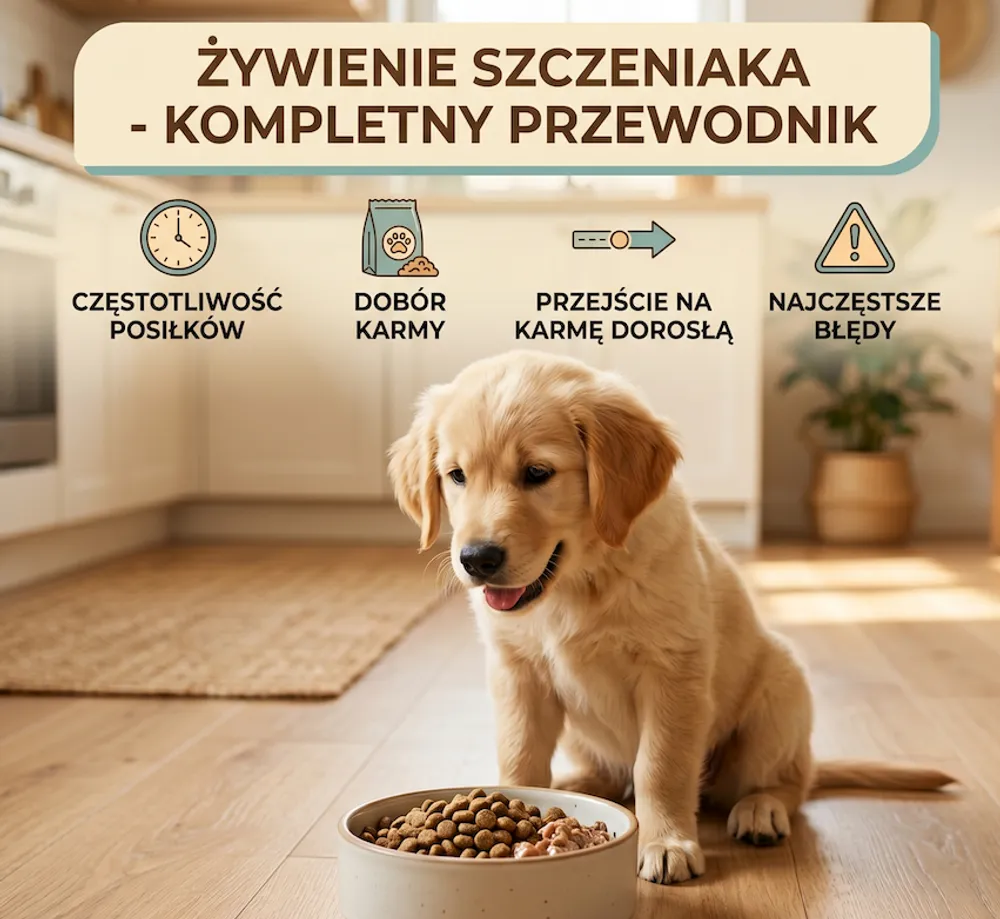 Szczeniak przy misce z karmą